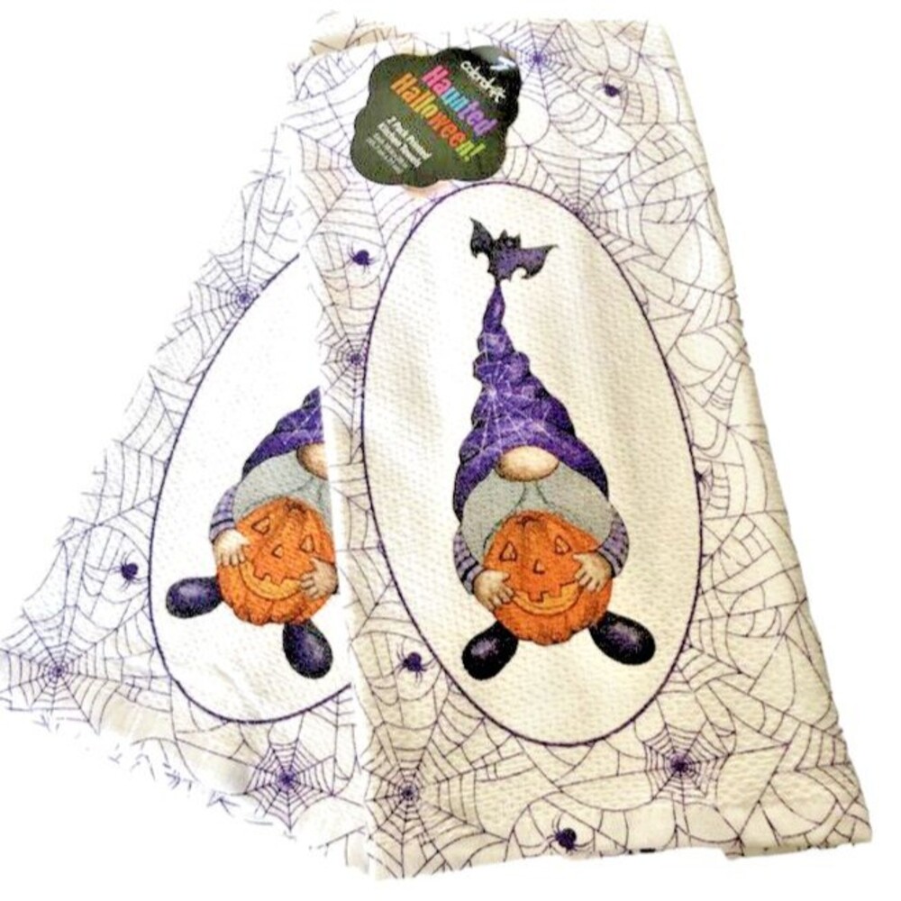 Halloween Kitchen Dish Towels Gnome Pumpkin Spider Web 100% Cotton Set of 2